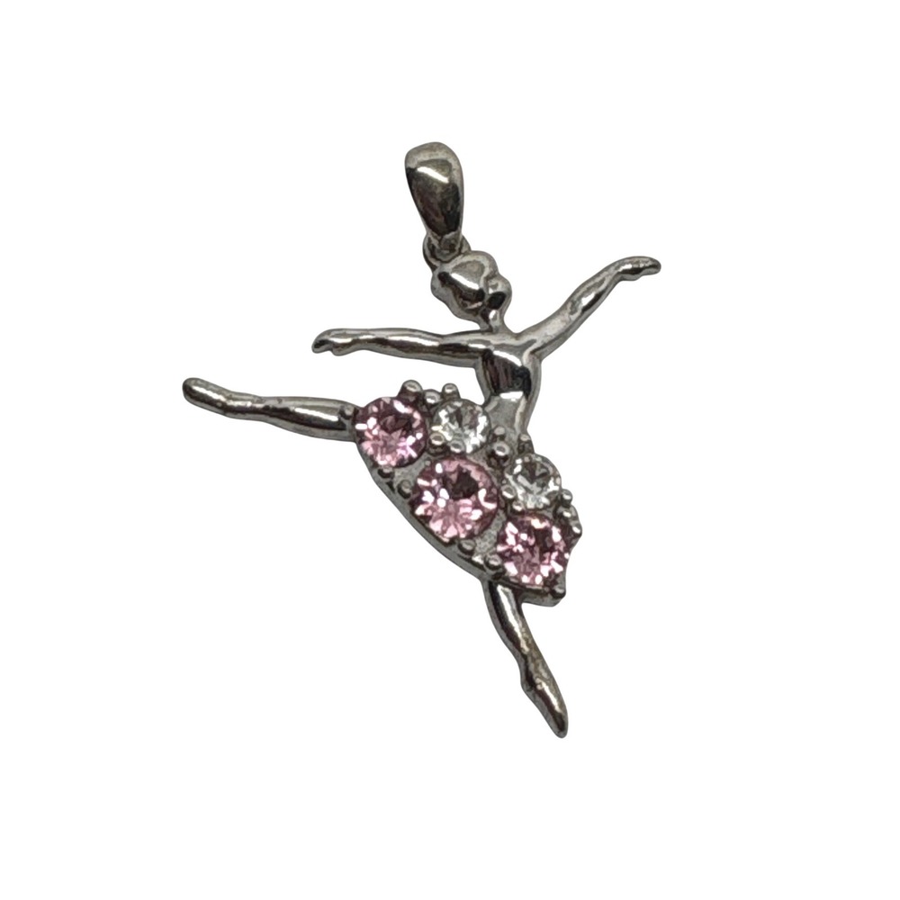 Sterling Silver Ballerina Pendant Pink Clear Cubic Zirconia Ballet Dancer S925